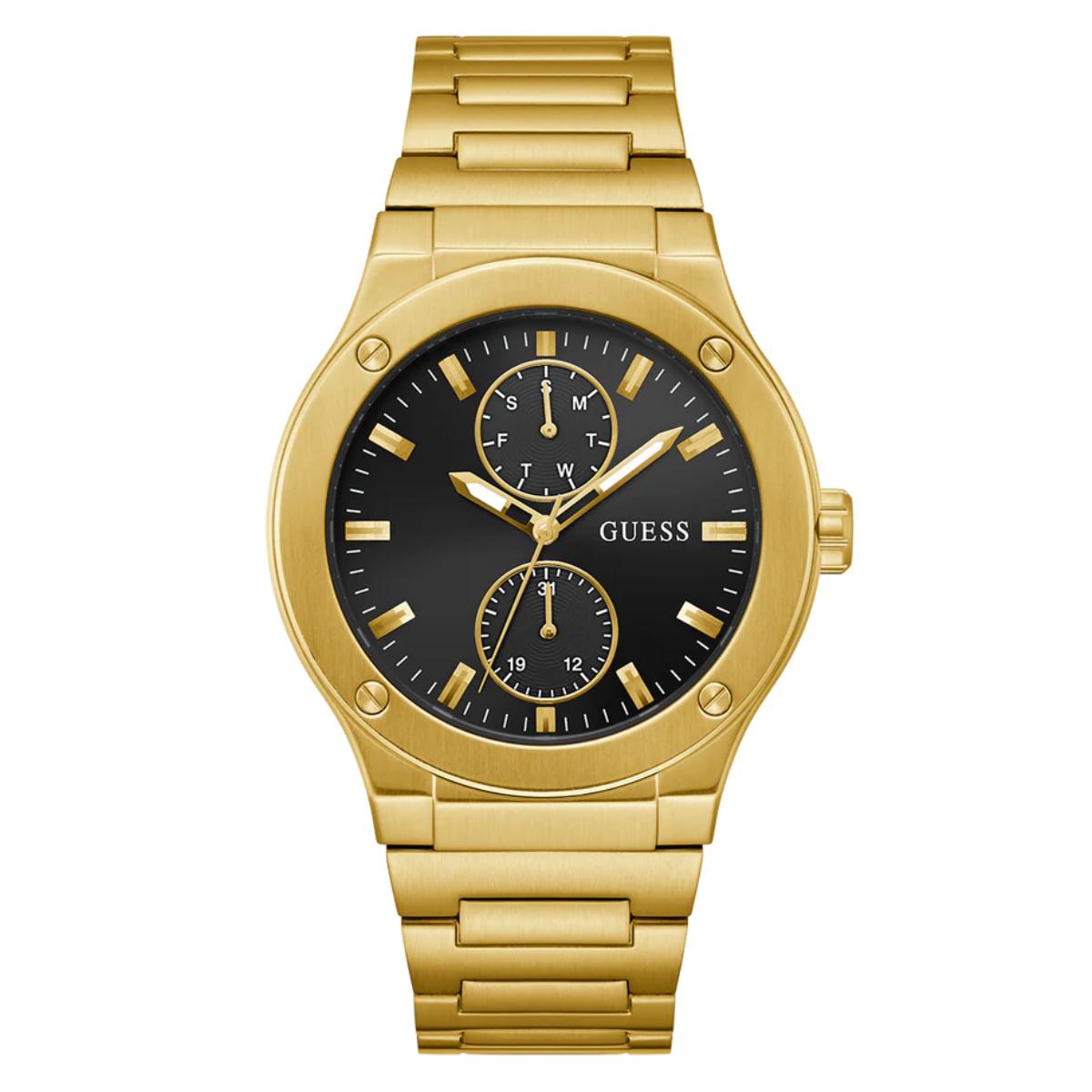 Gold watch with black dial on a white background