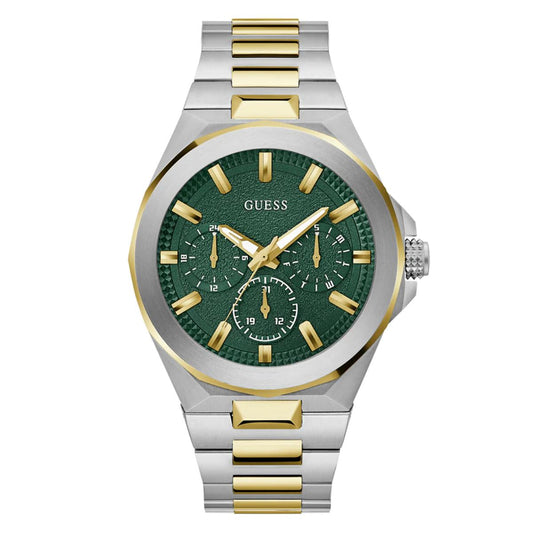 Two-tone silver and gold watch with green dial on a white background