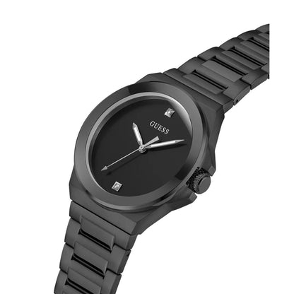 Black Guess watch with a white background
