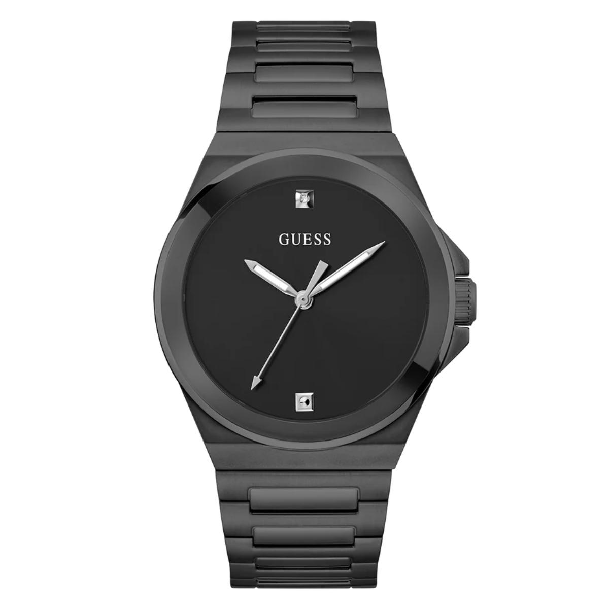 Black Guess watch with a white background