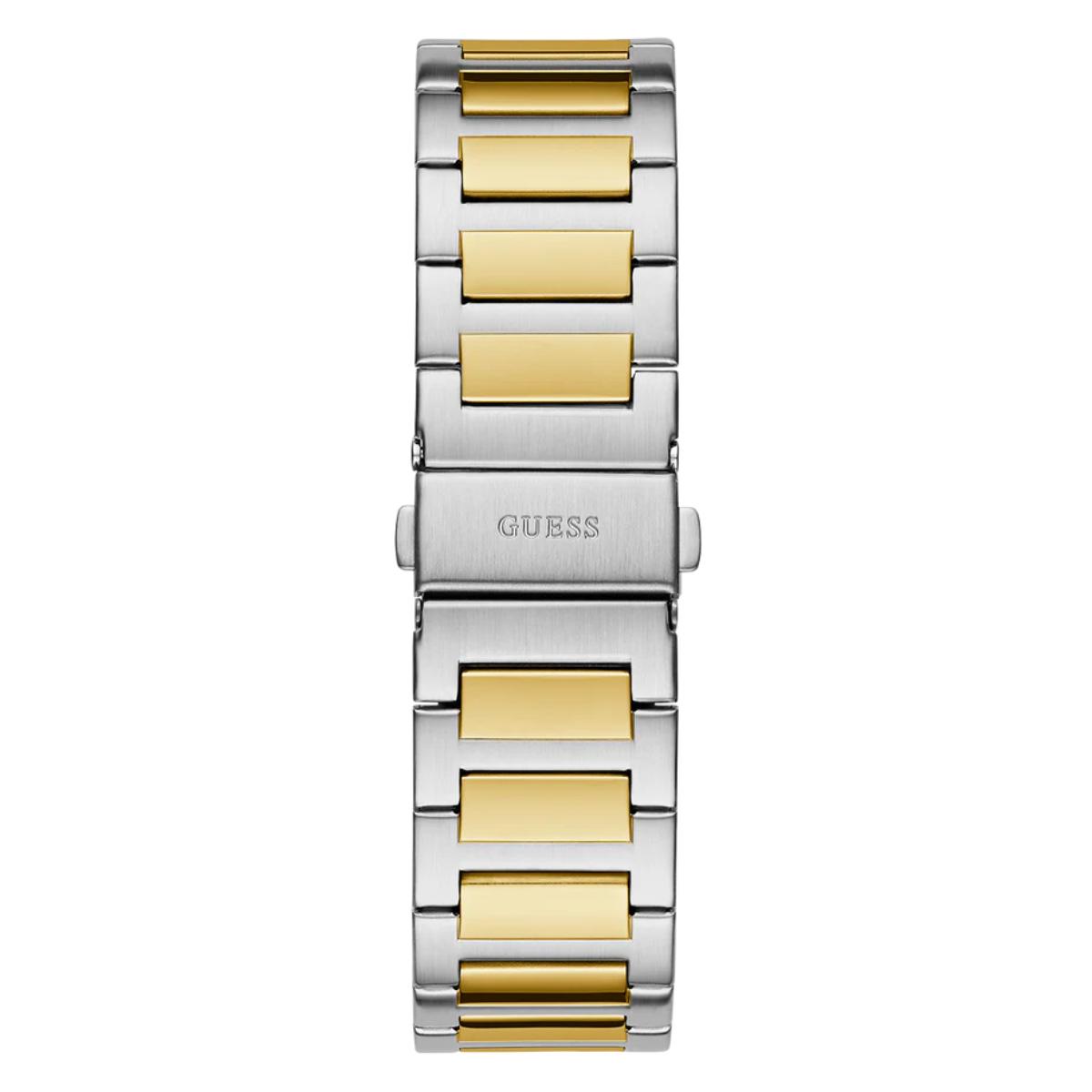 Two-tone silver and gold watch band with 'GUESS' branding on a white background