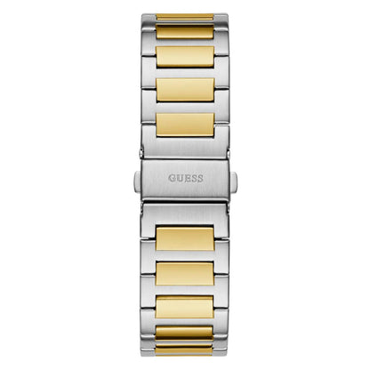 Two-tone silver and gold watch band with 'GUESS' branding on a white background