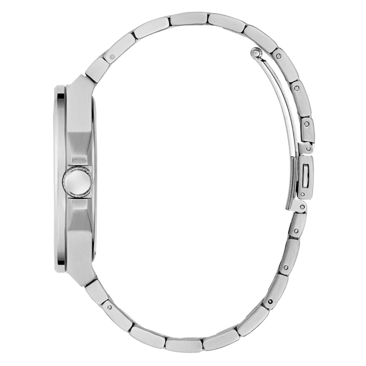 Silver watch band on a white background