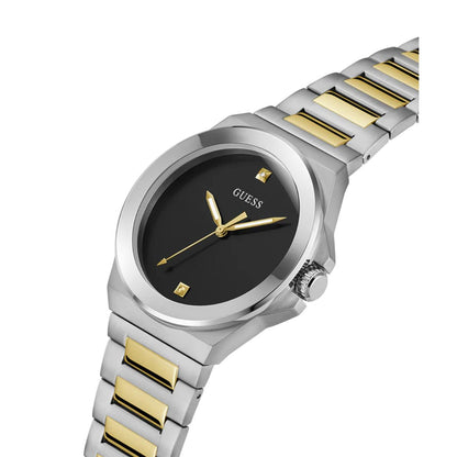 Two-tone silver and gold watch with black dial on a white background