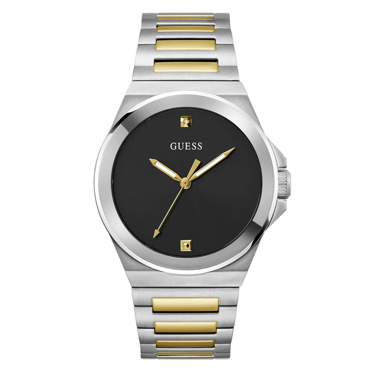 Guess watch with silver and gold band on a white background