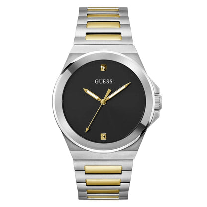 Guess watch with silver and gold band on a white background