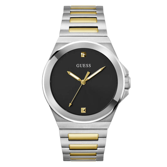 Guess watch with silver and gold band on a white background