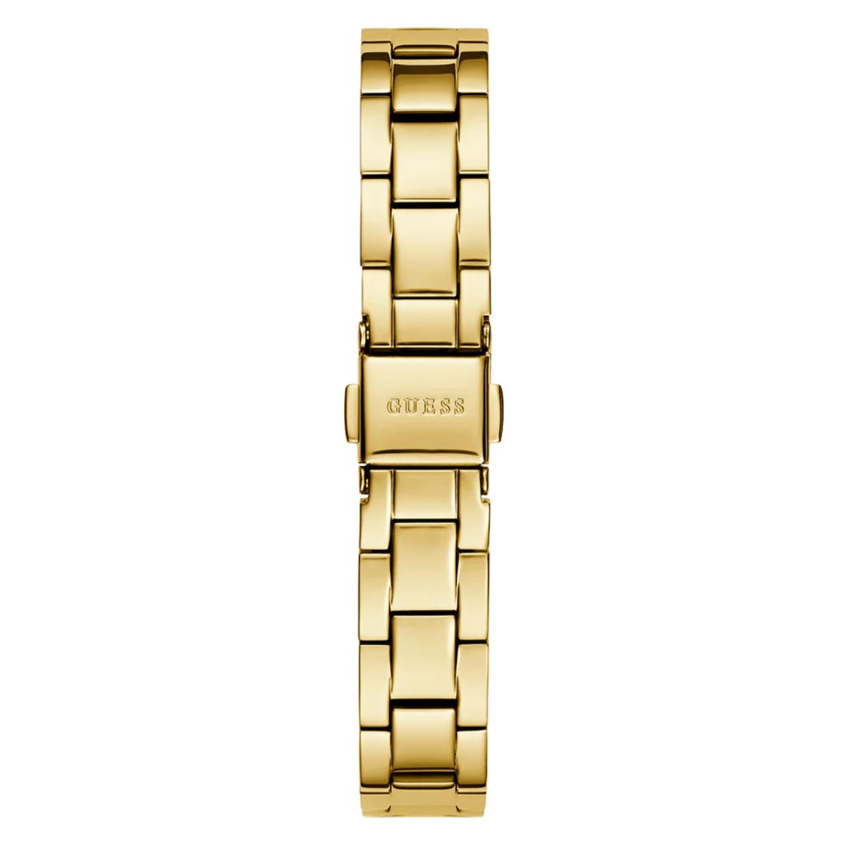 Gold watch band with Guess logo on a white background