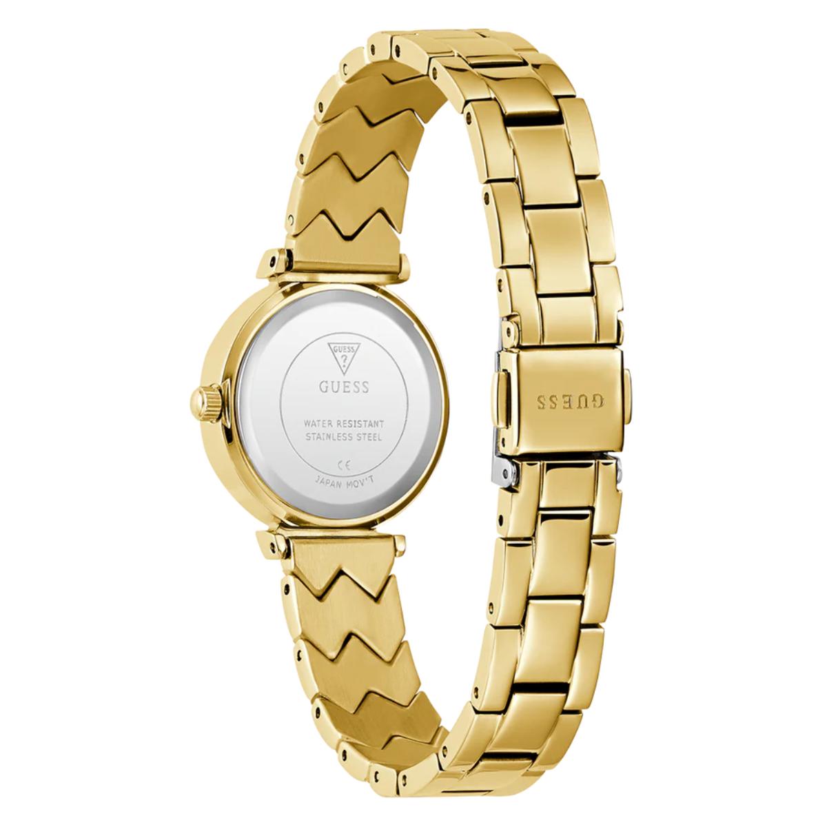 Gold watch with a white face on a white background