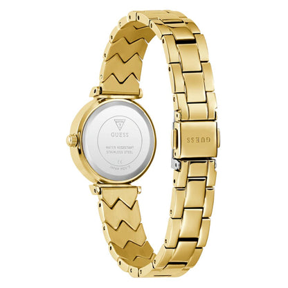 Gold watch with a white face on a white background