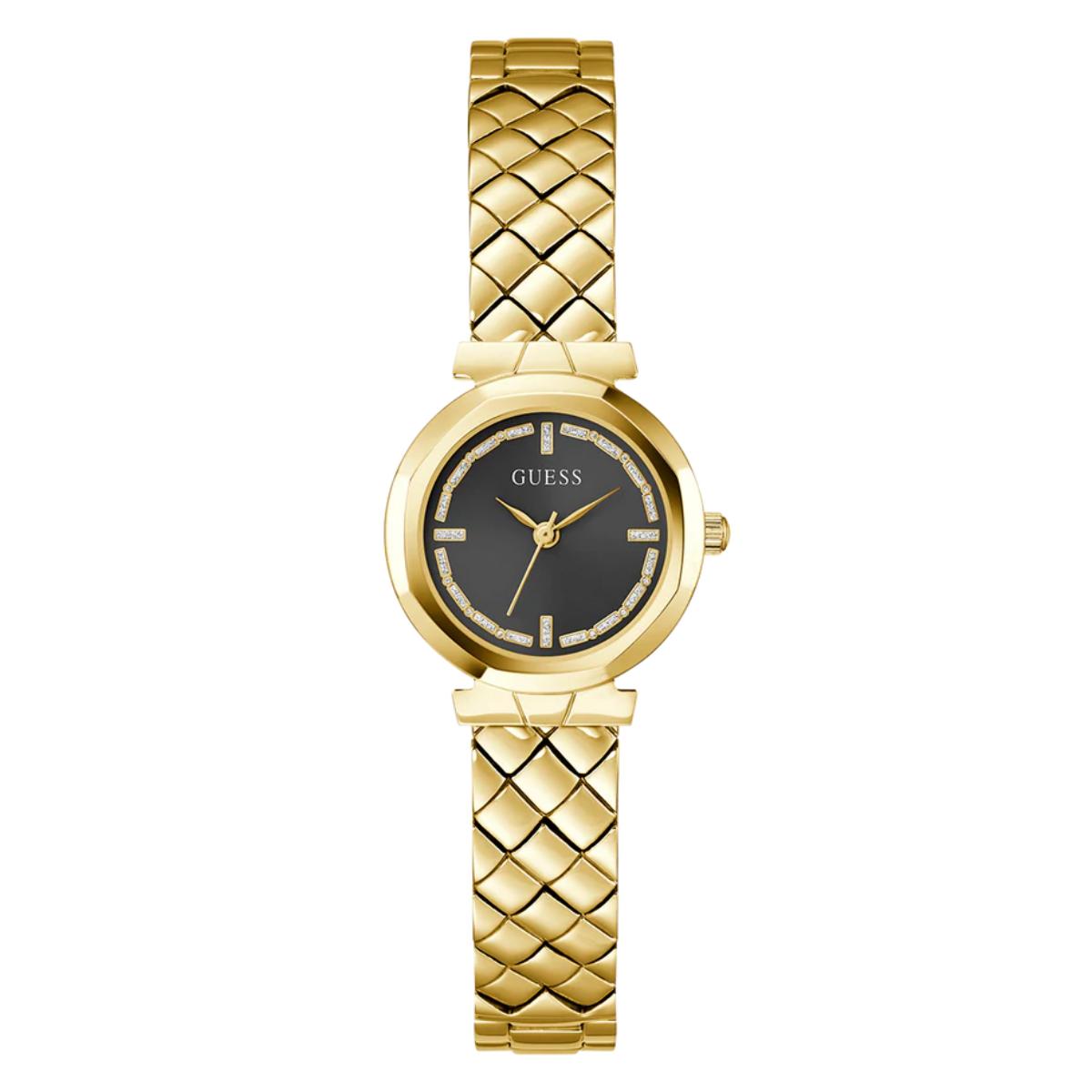 Gold watch with a black face on a white background