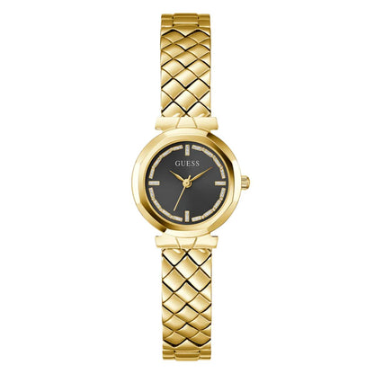 Gold watch with a black face on a white background