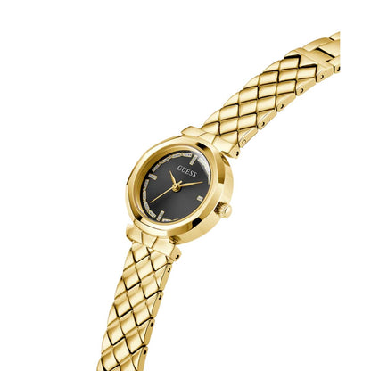 Gold watch with black face on a white background