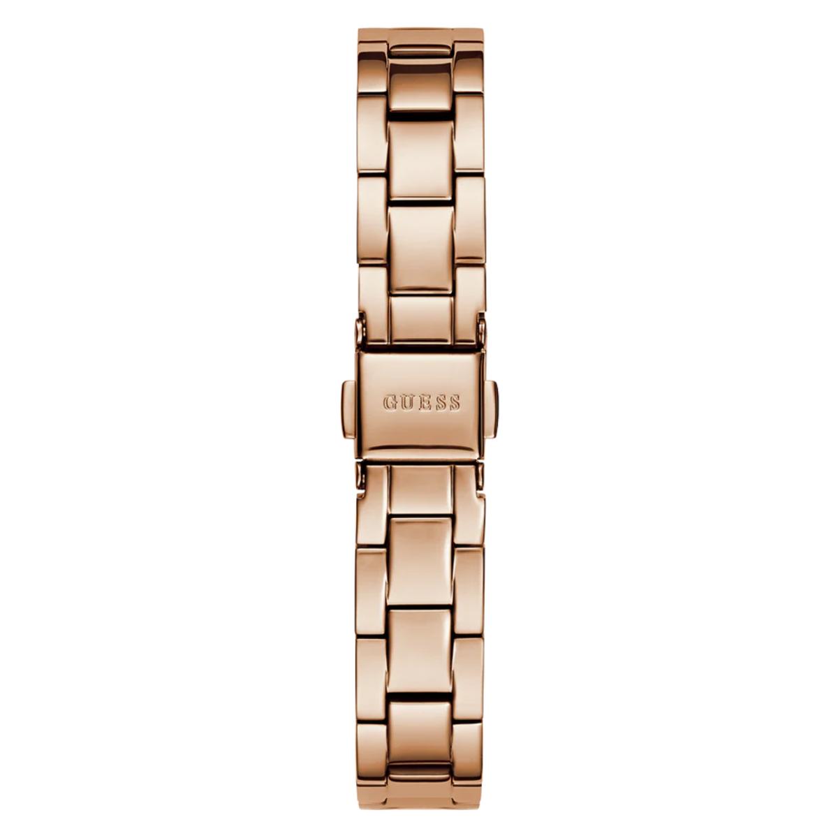 Rose gold watch band with Guess logo on a white background