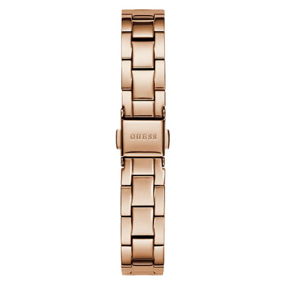 Rose gold watch band with Guess logo on a white background
