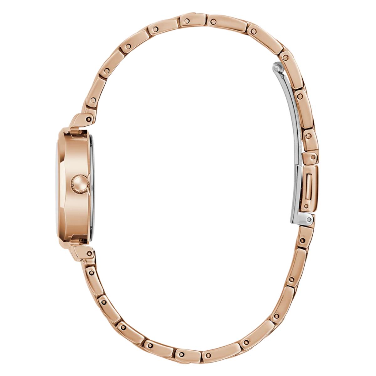 Rose gold watch with a white background