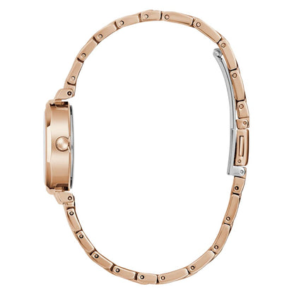 Rose gold watch with a white background