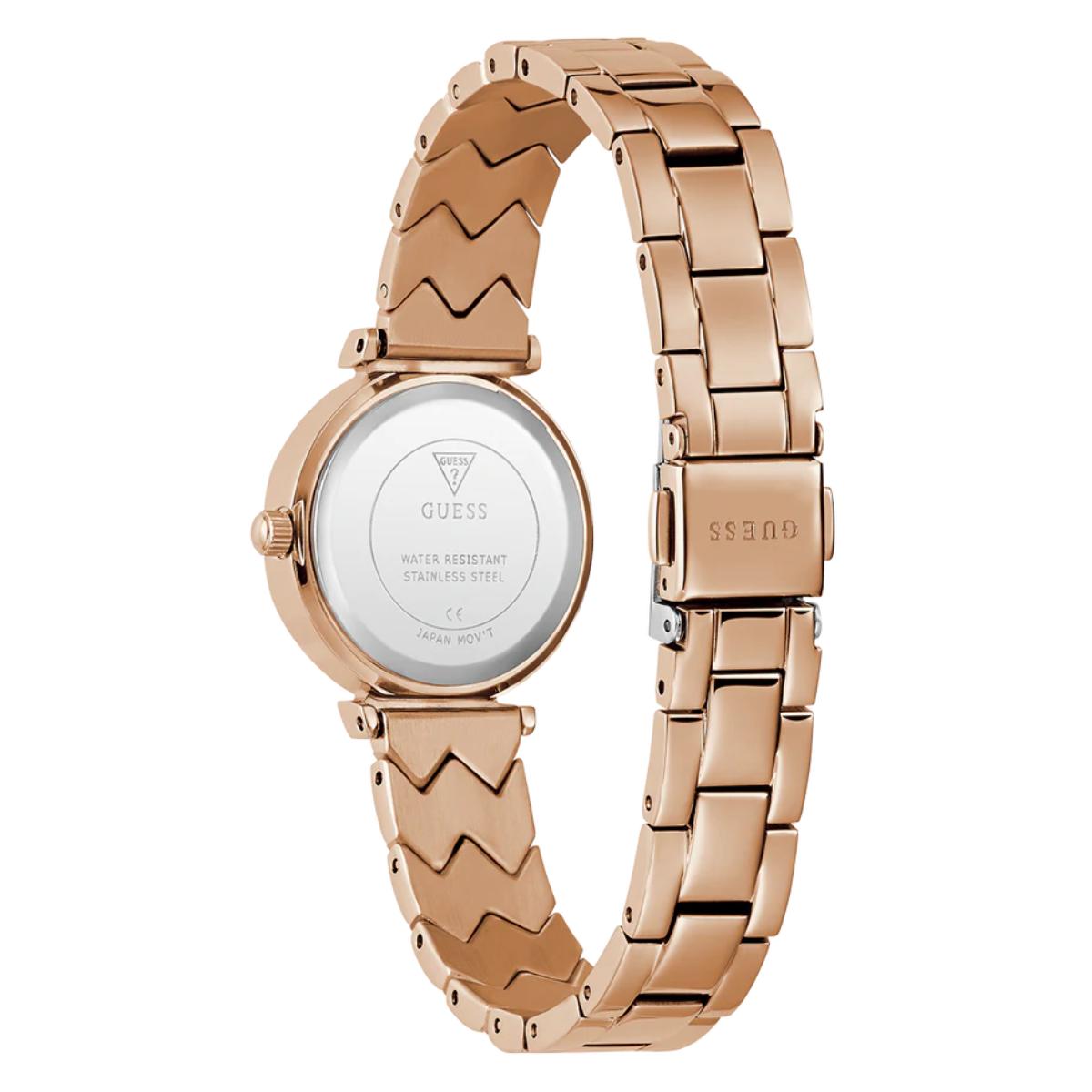 Rose gold watch with a white face on a white background