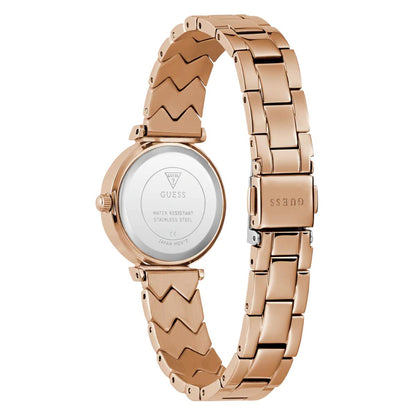 Rose gold watch with a white face on a white background