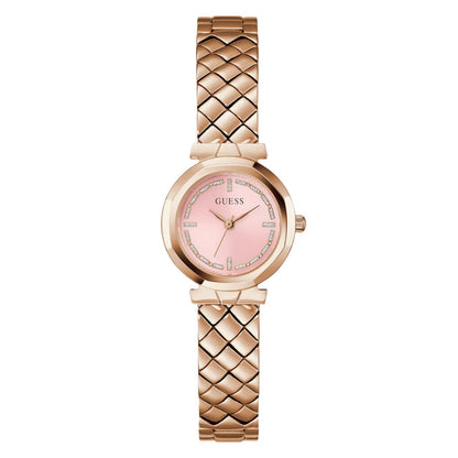 Rose gold watch with pink dial on a white background
