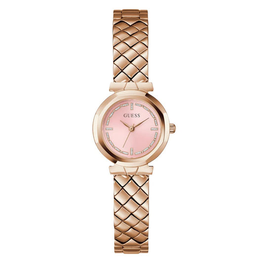 Rose gold watch with pink dial on a white background