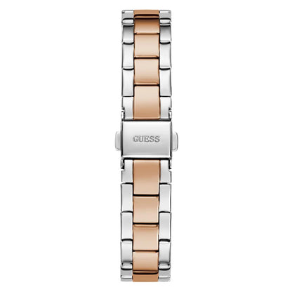 Two-tone watch with silver and rose gold links on a white background