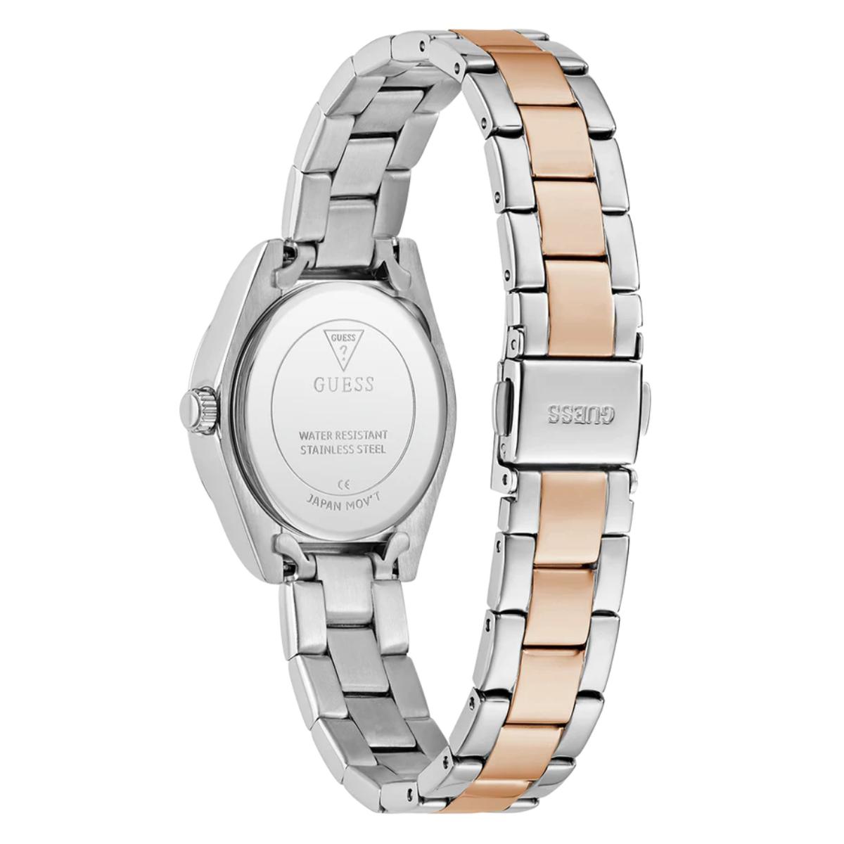 Two-tone silver and rose gold watch with visible brand logo on a white background