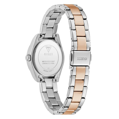 Two-tone silver and rose gold watch with visible brand logo on a white background