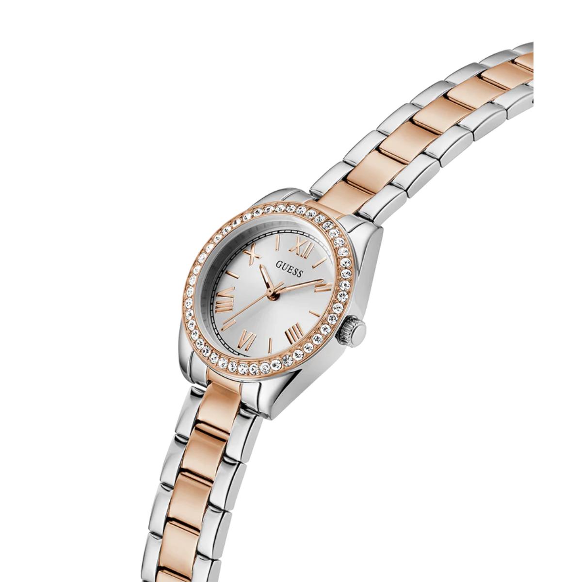 Two-tone watch with rose gold and silver band on a white background