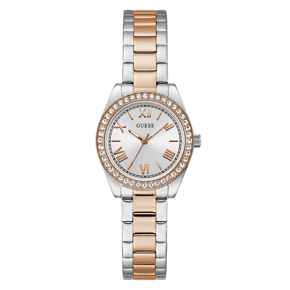 Two-tone watch with silver and rose gold band on a white background