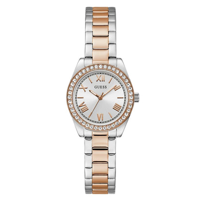 Two-tone watch with silver and rose gold band on a white background