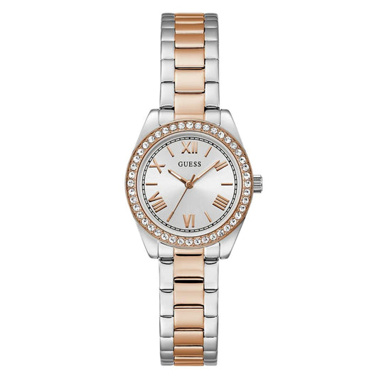 Two-tone watch with silver and rose gold band on a white background