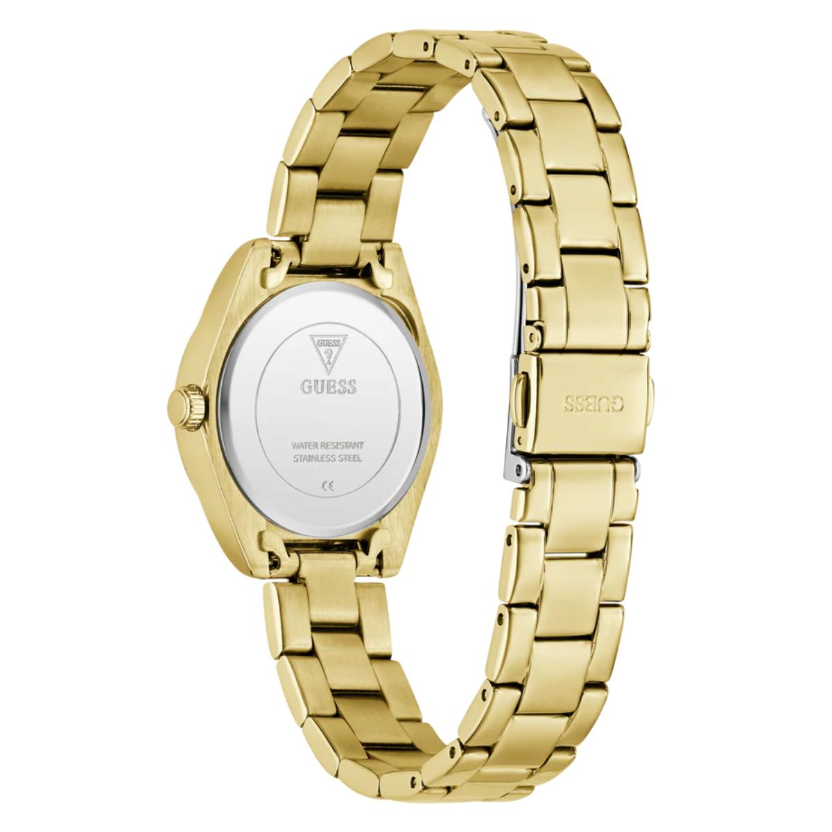 Gold watch with a white face on a white background