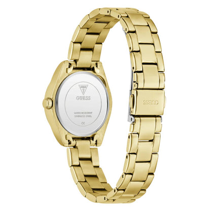 Gold watch with a white face on a white background