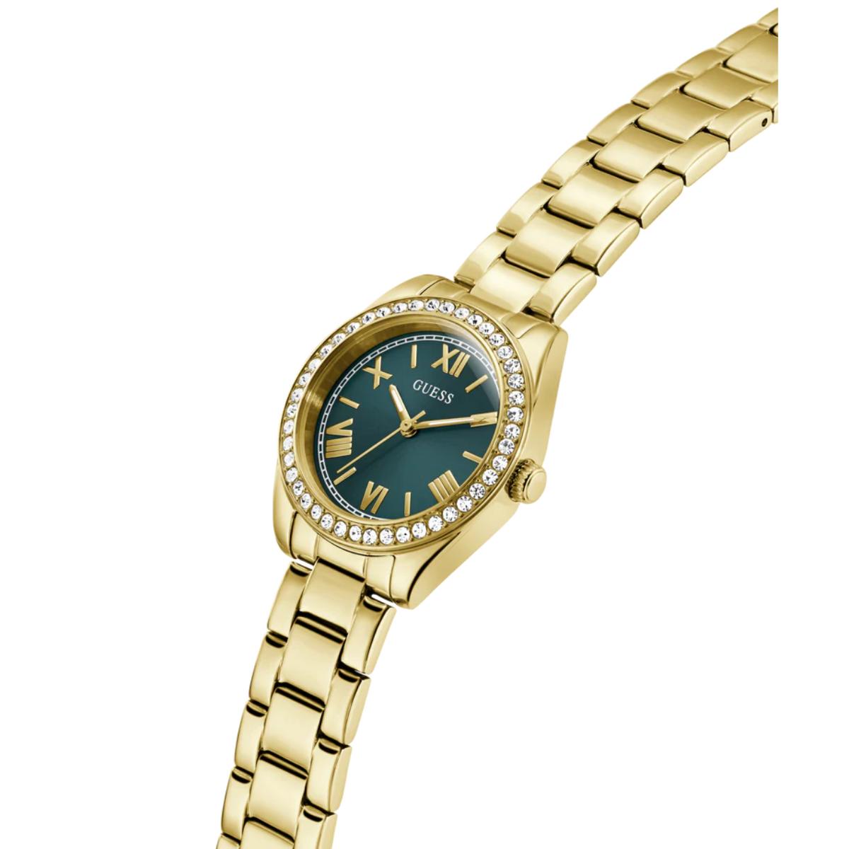 Gold watch with a blue dial on a white background
