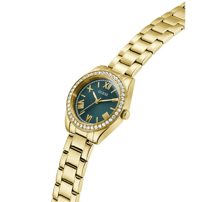 Gold watch with a blue dial on a white background