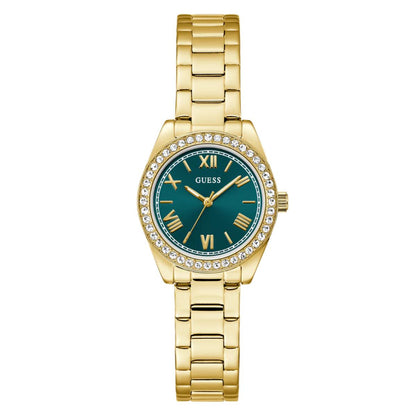 Gold watch with a green face on a white background