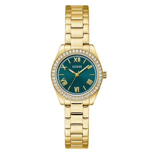 Gold watch with a green face on a white background