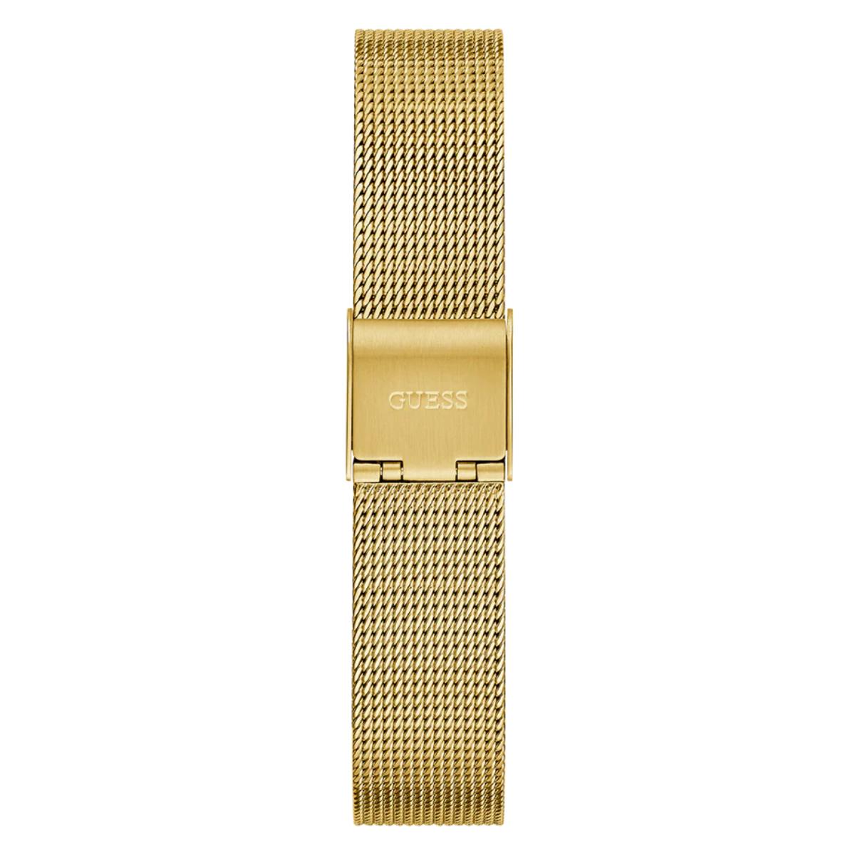 Gold watch strap with mesh design on a white background