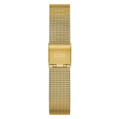 Gold watch strap with mesh design on a white background