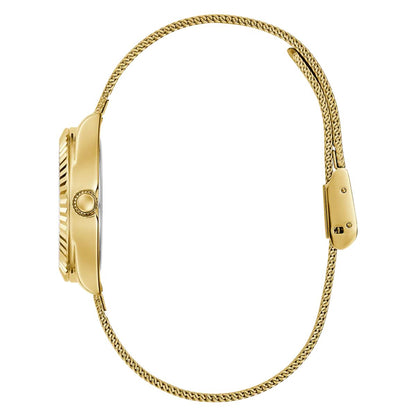 Gold watch with chain strap on a white background