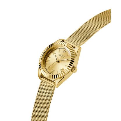 Gold watch with mesh band on a white background
