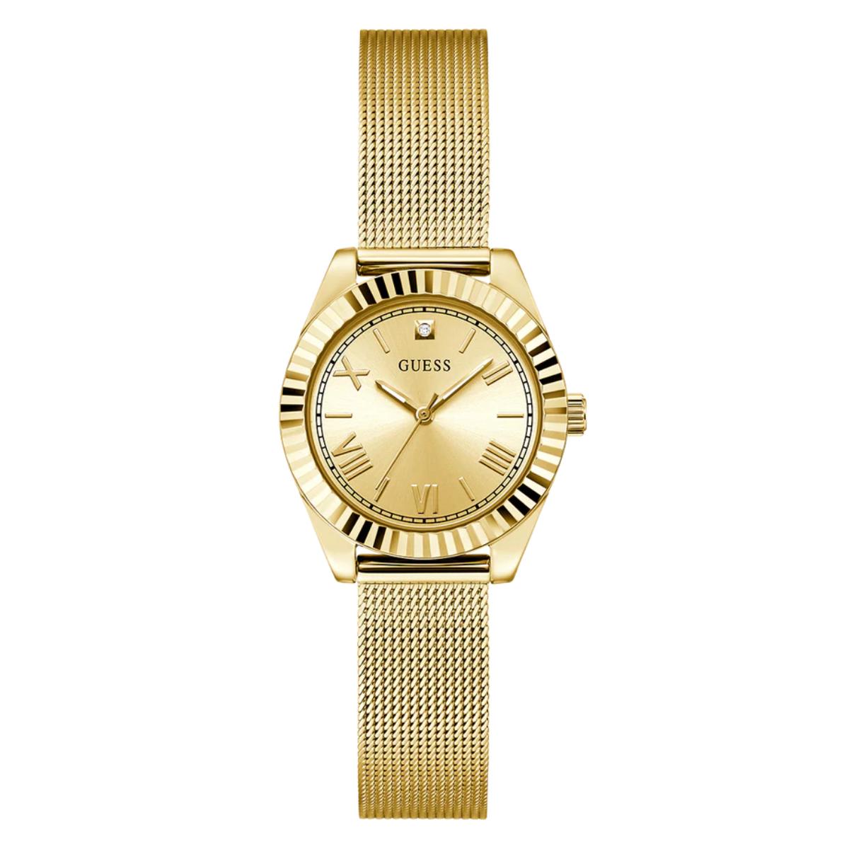 Gold watch with mesh band on a white background