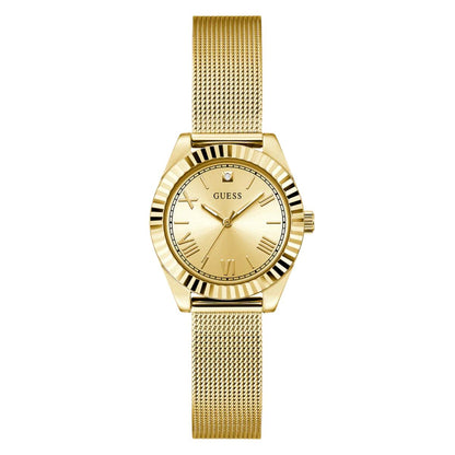 Gold watch with mesh band on a white background
