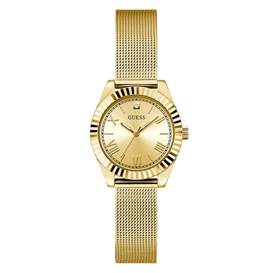 Gold watch with mesh band on a white background