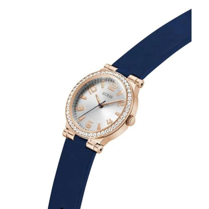 Watch with blue strap and rose gold case on a white background