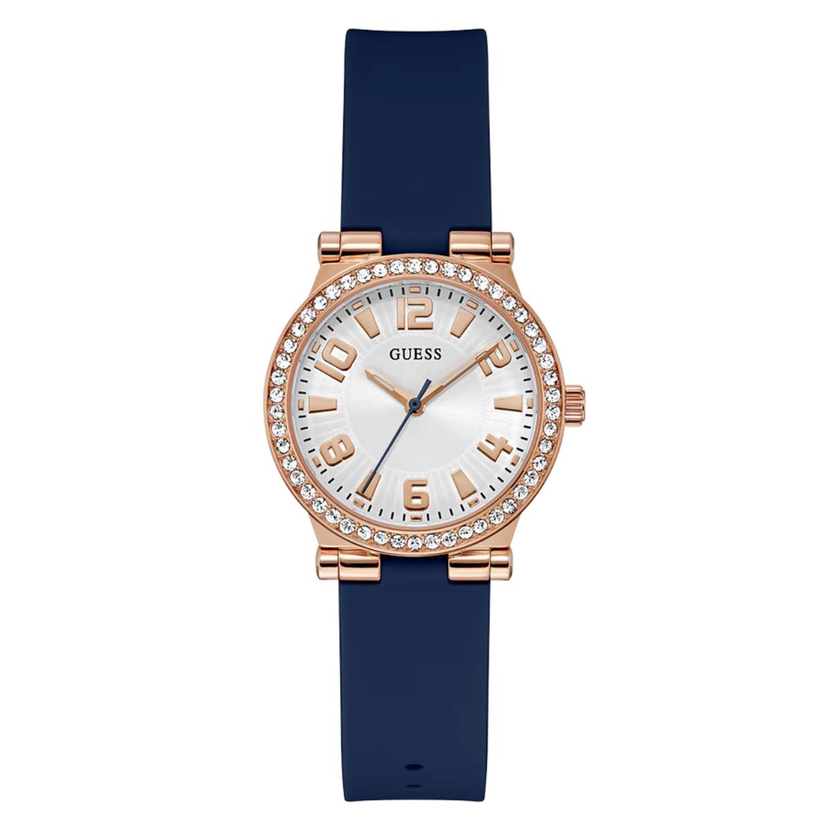 Watch with rose gold case, white dial, and blue strap on a white background