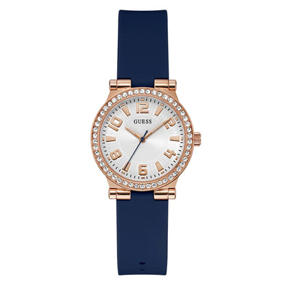 Watch with rose gold case, white dial, and blue strap on a white background