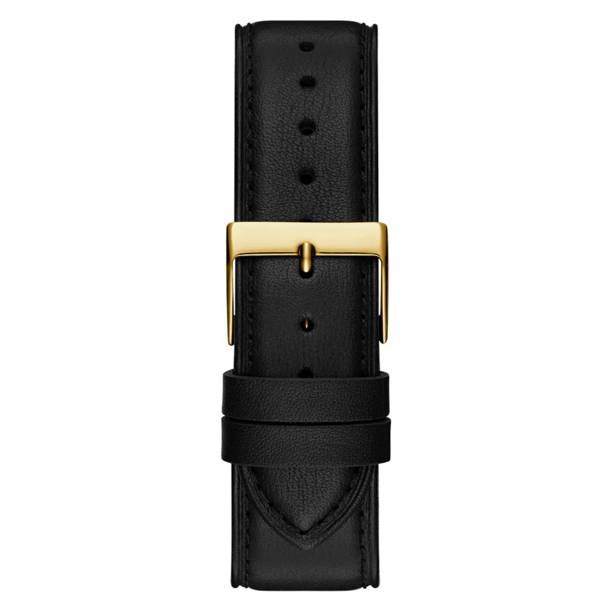 Black leather watch strap with a gold buckle on a white background