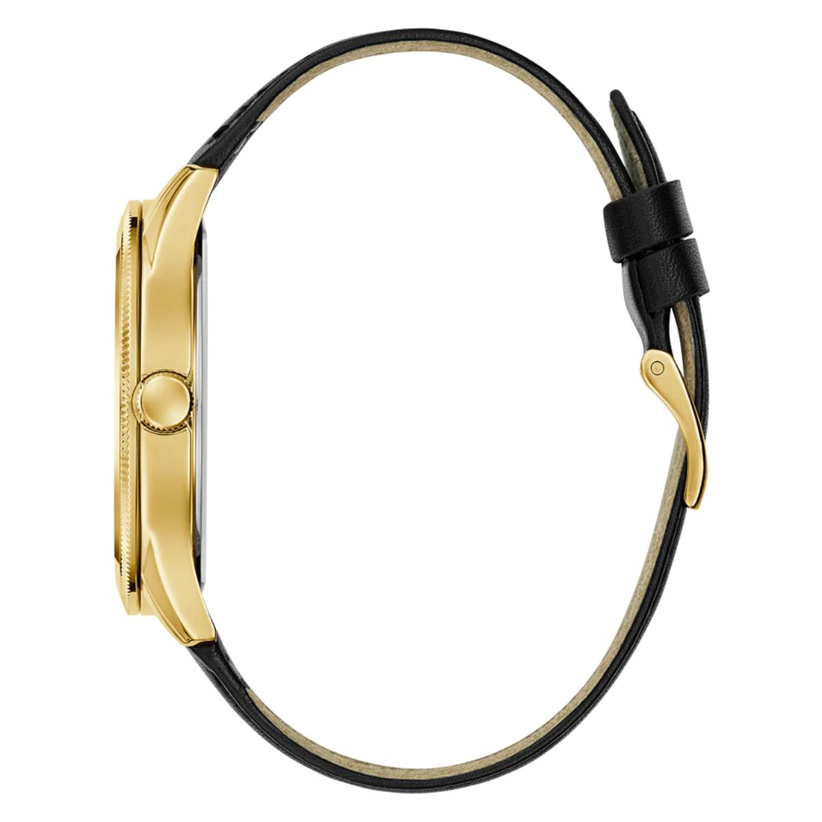 Gold watch with black strap on a white background